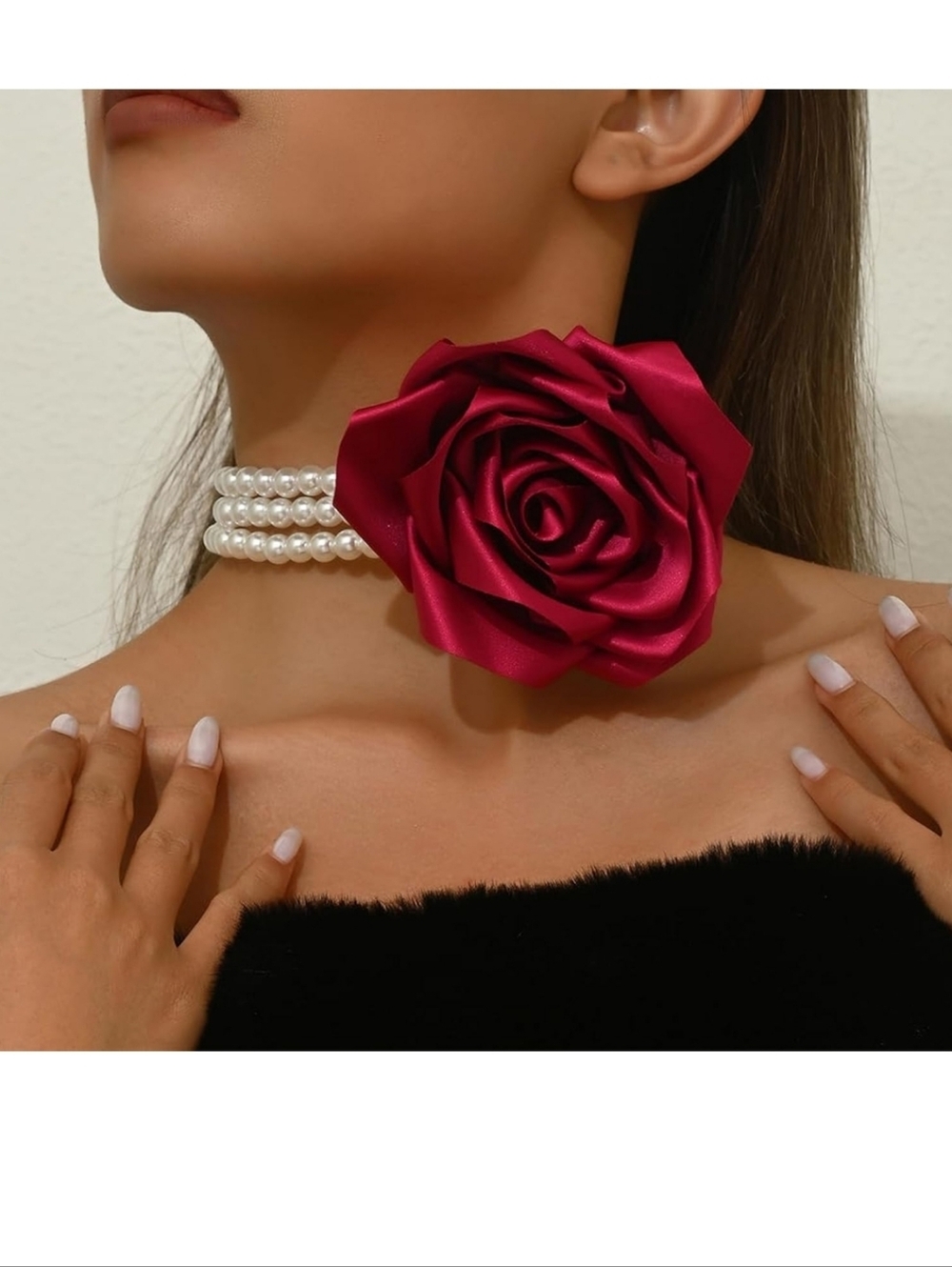 Pearl Triple-Strand Choker with Large Rose Accent - Deep Magenta